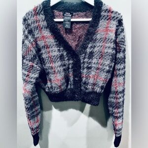 Women’s Hot Topic Social Collision Plaid Button Up V Neck Fuzzy Warm Cardigan